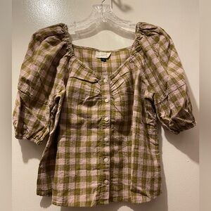 Universal Thread Pink and Green Checkered Blouse